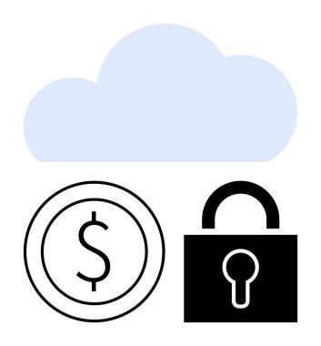 Madeni para ve asma kilit üzerindeki mavi bulut, güvenli finansal veri deposunu temsil ediyor. Finans, çevrimiçi bankacılık, siber güvenlik, bulut teknolojisi, kişisel veri koruması, dijital ekonomi için ideal