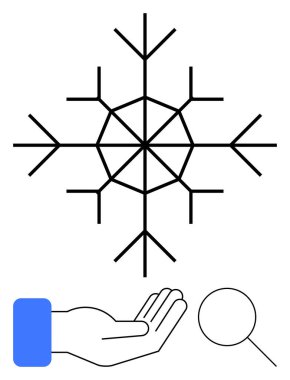 Açık bir elin üzerinde büyüteçle çizilmiş kar tanesi. Kış için ideal, gözlem, kırılganlık, eşsizlik, doğa, bakım, hassasiyet kavramları. Minimalist düz metafor
