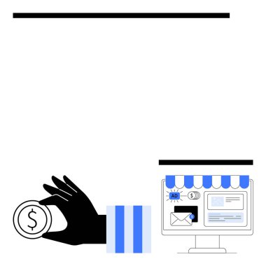 Monitörün yanında el ele tutuştuğumuz para e-posta, reklam ve ödeme ikonu ile çevrimiçi mağazayı gösteriyor. E-ticaret, dijital pazarlama, reklam, çevrimiçi ödeme, perakende bütçesi için ideal. Düz