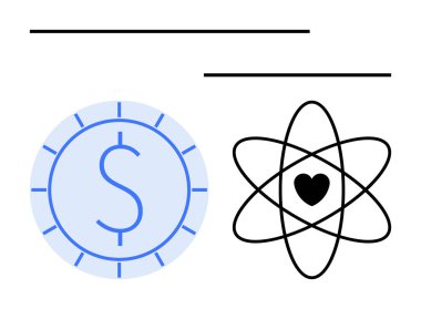 Kalbi çevreleyen siyah atomik yapının yanında dolar işareti olan mavi para. Finans, yenilik, ticaret, bilim, yaratıcılık, denge ve büyüme için idealdir. Düz basit metafor