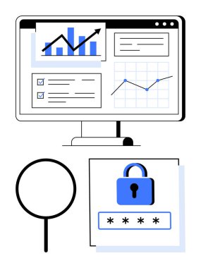 Bilgisayar monitörü grafikleri ve analizleri, büyüteçleri ve güvenli şifre simgesini gösteriyor. Veri analizi, güvenlik, teknoloji, araştırma, iş mahremiyeti dijital verimliliği için ideal. Düz