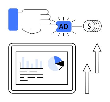 Dolar işareti, analiz çizelgesi, yükselen oklar olan el tıklama düğmesi. Pazarlama, ROI, büyüme, reklam, e-ticaret istatistik teknolojisi için ideal. Düz basit metafor