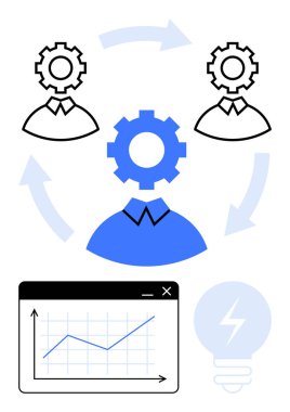 Takım arkadaşları oklar, bar çizelgesi ve ampul ile birbirine bağlı olarak takım çalışması, veri analizi, yenilik, strateji, büyüme ve süreç iyileştirmesini resmediyor. İşletme verimliliği için ideal basit