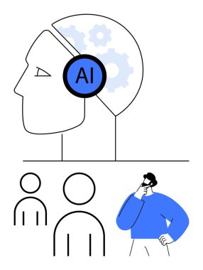 İnsan beynindeki yapay zeka, dişliler ve etiketlerle görselleştirilmiş. Küçük insan figürleri ve düşünen insan Al-insan etkileşiminin altını çiziyor. Teknoloji, yapay zeka, yenilik, bilim ve beyin fırtınası için ideal.
