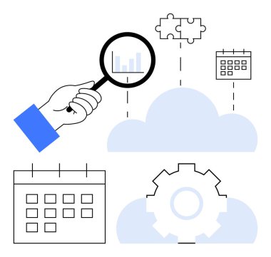 Veri tablosunun üzerinde büyüteç, bulmaca parçaları, takvim ve teçhizat. Veri analizi, bulut hesaplaması, bütünleşme, iş operasyonları, verimlilik yeniliği için ideal