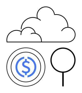 Bozuk paranın üstünde bir dolar işareti ve basit bir işaret var. Finans, teknoloji, bulut depolama, dijital ekonomi, navigasyon, tasarruflar, çevrimiçi hizmetler için ideal. Düz basit metafor