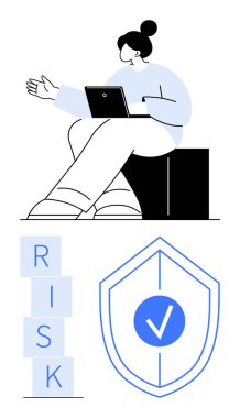 Kalkanlara ve RISK blokları istiflenirken dizüstü bilgisayar kullanan bir kadın. Siber güvenlik, risk analizi, mali planlama, iş stratejisi, veri koruması, güvenlik tedbirleri, soyut