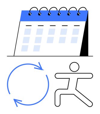 Yuvarlak okları olan masa takvimi ve yoga pozu programı, rutini, uygunluğu, sağlığı ve iş-yaşam dengesini temsil ediyor. Düzlükte planlama, sağlık, verimlilik ve rutinler için idealdir