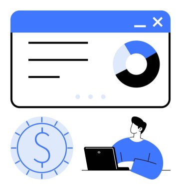 Bir dizüstü bilgisayarla çalışan biri. Yanında turta grafiği ve para ikonu olan bir panel. Finans, iş, veri analizi, bütçe, çevrimiçi araçlar, bankacılık ve istatistik için ideal. Düz basit