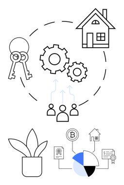 Anahtarlar, ev, vitesler ve takım çalışmasını ve mülkiyet yönetimini temsil eden dairesel bir akımla bağlantılı figürler. Ek görüntüler arasında bir bitki, pasta grafiği, sertifika ve kripto para birimi yer alıyor. İdeal