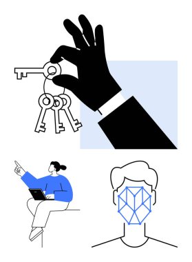 Anahtarları olan bir el, yüz tanıma sistemi ve dizüstü bilgisayar kullanırken işaret eden oturan bir kadın. Güvenlik, teknoloji, yapay zeka, biyometri, erişim, yenilik dijital için ideal
