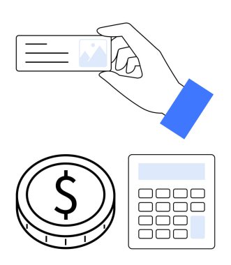 Dolar madeni para ve hesap makinesinin üstündeki kimlik kartı kimlik, para ve hesaplamayı sembolize ediyor. Finans, kişisel veri, muhasebe, ödemeler, bankacılık iş stratejisi soyut çizgisi için ideal