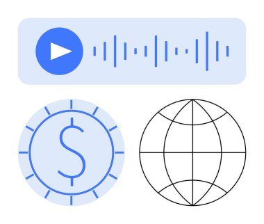 Dalga formu, dairesel para birimi simgesi ve finans, teknoloji ve ağı sembolize eden küresel ses oynatıcısı. Fintech, küresel iş, döviz kurları, yayın hizmeti teknolojisi için ideal