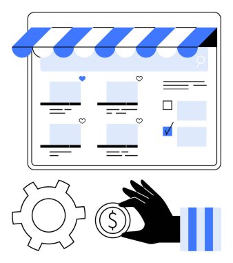 Depo başlıklı internet sitesi, ürün listesi, teçhizat, el ele tutuşmalar. E-ticaret, alışveriş, teknoloji, iş ödemesi çevrimiçi perakende konfigürasyonu için ideal. Düz basit metafor