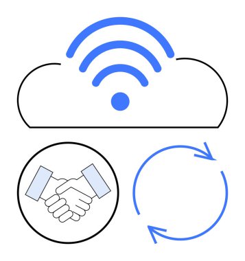 Sinyal çizgileri, el sıkışma çemberi ve bağlantı, işbirliği ve sürdürülebilirliği sembolize eden dairesel bir ok. İş akışı, yenilik, takım çalışması, bulut depolama iletişimi için ideal