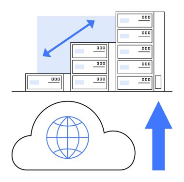 Sunucu yığınları ve bulut şekilleri, yukarı doğru yükselen mavi bir okun yanında, ölçeklenebilirliği, bulut teknolojisini ve büyümeyi görselleştirir. Teknoloji, yenilik, ağ oluşturma, ilerleme ve dijital için ideal