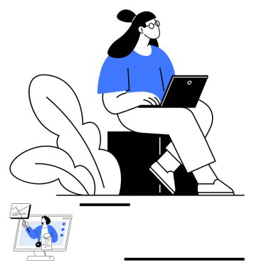 Dizüstü bilgisayarda çalışan bir kadın, bir bitkinin yanında oturuyor, bir bilgisayar ekranında online toplantı gösteriliyor. Konseptler için ideal uzak çalışma, üretkenlik, iletişim, eğitim, işbirliği