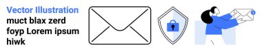 Zarf, kilit simgesi olan güvenlik kalkanı, giden postaları tutan kişi. Siber güvenlik, e-posta güvenliği, veri gizliliği, güvenli mesajlaşma, şifreleme, iletişim düz iniş sayfası afişi için ideal