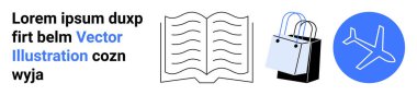 Açık bir kitap, alışveriş poşetleri ve minimum tasarım yapılmış bir uçak. Eğitim, seyahat, alışveriş, iş, pazarlama e-ticaret yaşam tarzı için idealdir. Düz iniş sayfası pankartı