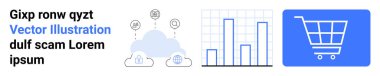 Teknolojik bağlantıları olan bir bulut, analiz için bar grafiği, alışveriş arabası ikonu. Teknoloji, iş, e-ticaret, perakende, veri yönetimi, ağ sade iniş sayfası için ideal