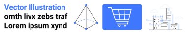 Geometrik piramit, alışveriş arabası ikonu, kentsel bina silüeti. Perakende, tasarım, mimari, iş, alışveriş, teknoloji kentsel temalar için ideal basit iniş sayfası