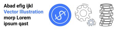 Mavi çemberdeki dolar sembolü, çark ve madeni para yığını ekonomik büyümeyi, finansal sistemleri, iş operasyonlarını, yenilikçiliği, takım çalışmasını, süreç optimizasyonunu, basit iniş sayfasını temsil ediyor.