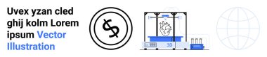 3 boyutlu yazıcı karmaşık insan organı, dijital para birimi, ızgara küre. Teknoloji, sağlık, yenilik, küresel etki, finans, fütürist kavramlar için ideal soyut çizgi düz metafor
