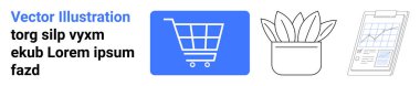 Alışveriş arabası e-ticareti vurguluyor, saksı bitkisi doğanın dokunuşunu ekliyor ve grafikli pano iş performansını ön plana çıkarıyor. E-ticaret, iş, perakende, organizasyon ve verimlilik için ideal