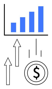Büyümeyi temsil eden yükselen değerlere sahip çubuk grafik, dolar işaretli bozuk para ve finansal başarıyı simgeleyen yukarı doğru oklar. İş, finans, yatırım, kâr, ekonomi ve analitik için ideal