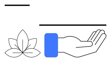 Çizilmiş yaprağın yanında mavi kollu, uzanmış bir el. Sürdürülebilirlik, bakım, destek, yardım, büyüme, denge ve refah için ideal. Minimalist düz metafor