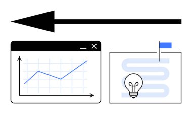 Yukarı doğru eğilimli grafik penceresi, fikirler için bayraklı zaman çizgisi ve ampul, ileri doğru hareketi gösteren kalın ok. Ticari büyüme, planlama, analitik, strateji, üretkenlik ve yenilik için ideal