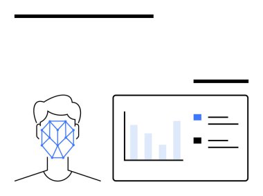 Yüz tanıma, çizelge ve veri görselleştirme ekranına bağlı geometrik desenli insan yüzü. Yapay zeka, biyometri, siber güvenlik, kimlik doğrulama, analitik ve teknoloji için ideal