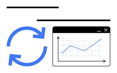 Dönen oklar ve dijital grafik penceresi veri güncelleme, analiz ve ilerleme takibini temsil ediyor. Veri yönetimi, yazılım güncellemeleri, otomasyon, finans, iş büyümesi, analitikler için ideal