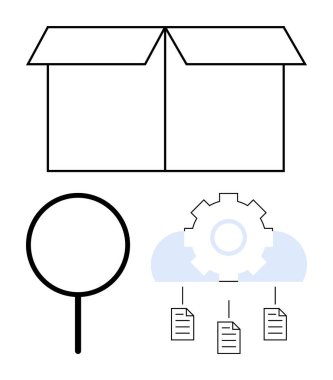 Açık kutu, büyüteç, bulut teçhizatı ve veri depolama, organizasyon ve analizi temsil eden belge ikonları. Veri yönetimi için ideal, bulut çözümleri, teknoloji iş akışı otomasyonu dijital