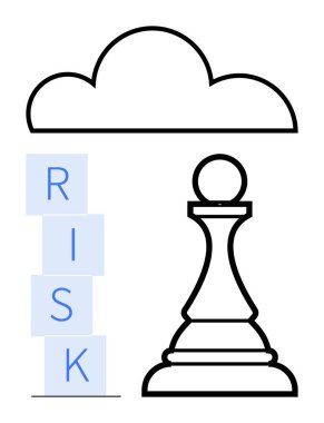 Satranç piyonu stratejiyi sembolize eder, bulut öngörülemezliği tasvir eder, istiflenmiş bloklar riski vurgular. Karar verme, liderlik, planlama, zorluklar, öngörü ve yenilik için ideal.