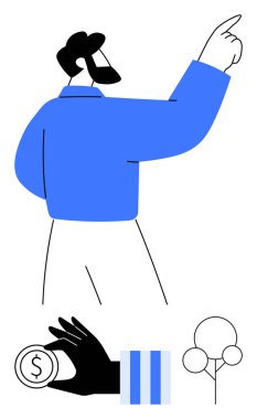 Yukarı bakan bir adamın arka planı, bir dolar bozuk para tutan bir el, bir bar grafiği ve finansal büyümeyi, sürdürülebilirliği ve hedef ayarını temsil eden bir ağaç. İş, finans ve yatırım için ideal