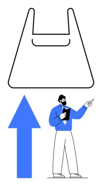 Elinde not panosu olan adam, büyük alışveriş çantasının altındaki oku işaret ediyor. Perakende analizi, e-ticaret, sürdürülebilirlik, tüketici davranışı, satış eğilimleri, çevre dostu alışveriş, iş dünyası için ideal