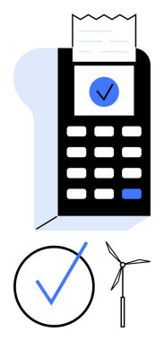 Makbuz yazıcı çıktıları kağıt, mavi kontrol işareti onayı simgeler rüzgar türbini yeşil enerjiyi simgeler. Çevre dostu finans, sürdürülebilirlik, teknoloji, yenilenebilir enerji ve ödeme sistemleri için ideal