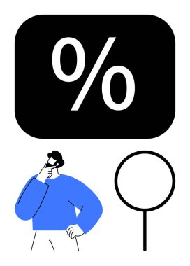 Düşünceli bir insan ve büyüteçle büyük bir yüzde işareti. İndirim, problem çözme, analiz, finans, strateji, karar verme ve keşif için ideal. Düz basit metafor