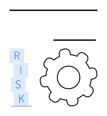 Yığınlanmış bloklar bir dişlinin yanında RISK yazılıyor. Risk yönetimi, stratejik planlama, karar verme, takım çalışması, yenilik, iş stratejisi, problem çözme için ideal. Soyut çizgi düz metafor