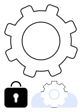 Kilit simgesinin yanında geniş çizgili teçhizat ve kısmen bulut tarafından gizlenmiş daha küçük teçhizat. Güvenlik, teknoloji, veri koruması, gizlilik, optimizasyon, bulut hesaplama, sistem yönetimi için idealdir. Düz