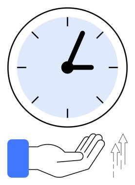 Açık bir elin üstündeki büyük saat, büyümeyi, zaman optimizasyonunu, üretkenliği, verimliliği, iş başarısını, hedef belirlemeyi sembolize eden yukarı doğru oklarla eşleştirilmiş. Zaman ve ilerleme temaları için ideal basit