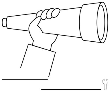Teleskopu tutan, keşif, görme ve odaklanmayı temsil eden bir el. Keşif için ideal, planlama, öngörü, fırsat geliştirme perspektifi hedef belirleme. Düz basit metafor