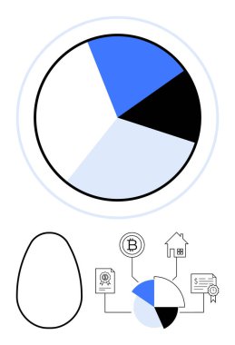 Turta grafiği mavi, siyah ve beyaz görselleştirme portföyü. Yumurta, kripto para, gayrimenkul, finansal belgeler. Finans ve yatırım bütçe planlaması için ideal