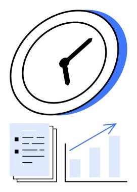 Saat zaman takibini vurgular, belgeler görev veya projeleri temsil eder, ve grafik de ilerleme veya verimliliği ifade eder. Zamanlama, proje planlaması, verimlilik, kişisel gelişim için ideal