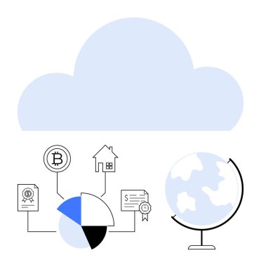 Pasta grafiği, Bitcoin, ev, dünya, sertifika ve kağıt gibi simgelerden oluşan bir ağın üstündeki mavi bulut. Bulut hesaplama, veri analizi, gayri menkul kriptosu küresel için ideal