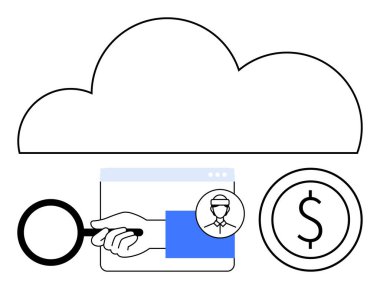 Bulut, büyüteç, kullanıcı profili, dolar parası ve tarayıcı penceresi veri aramasını, işe alma, finansal analizi sembolize ediyor. Finans için ideal, HR teknoloji güvenlik bulutu iş büyümesi düzlüğü