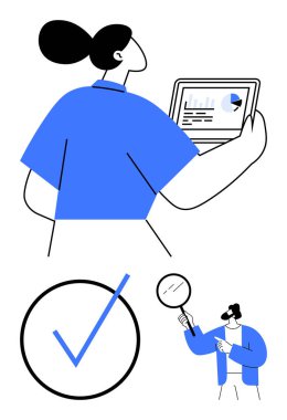 Tablet üzerindeki verileri inceleyen kadın, büyüteçle profesyonel inceleme belgesi ve kalın kene sembolü. Analiz için ideal, doğrulama, başarı, karar verme, ilerleme, daireyi gözden geçirme