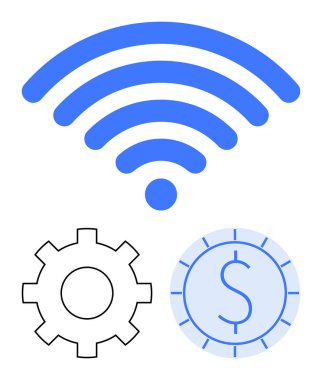 kablosuz sinyal simgesi, dişli ve bozuk para diyagramı vurgulama bağlantısı, takım çalışması, otomasyon, finans, ekonomi, uzaktan çalışma dijital dönüşüm. IoT fintech kavramları için ideal basit