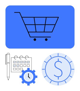 Alışveriş arabası, kalem ve işaretli takvim, dişli saat ve finans, ekommerce ve zaman yönetimini vurgulayan dolar para. İnternet üzerinden alışveriş, tasarruf ve verimlilik planı için ideal